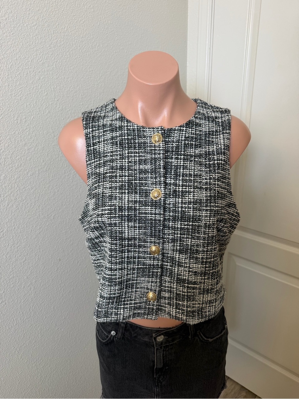 H&M Black and White Tweed Button-Front Tank